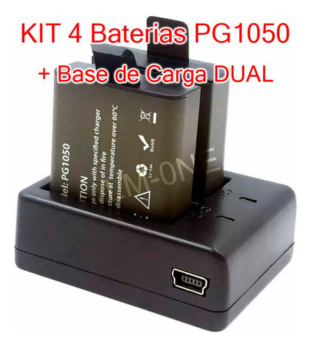 Kit De 4 Pilas Pg1050+ Dual Charger+ Usb Eken, Sjcam, Evorok