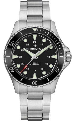 Hamilton Khaki Navy Scuba Automatico H82515130 Fotos Reales Malla Acero Cepillado Bisel Negro Fondo Negro