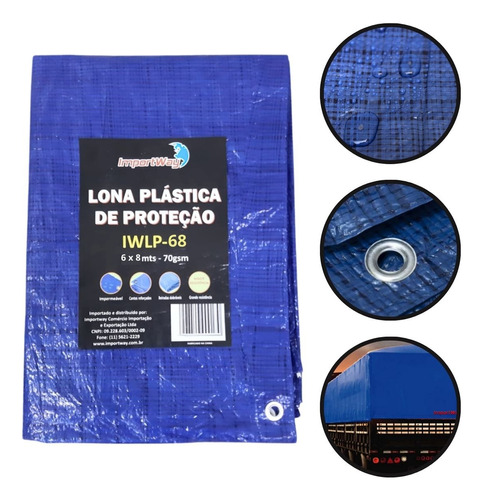 Lona Plástica De Polietileno 70g/m² 6x8 Metros Azul 100mm