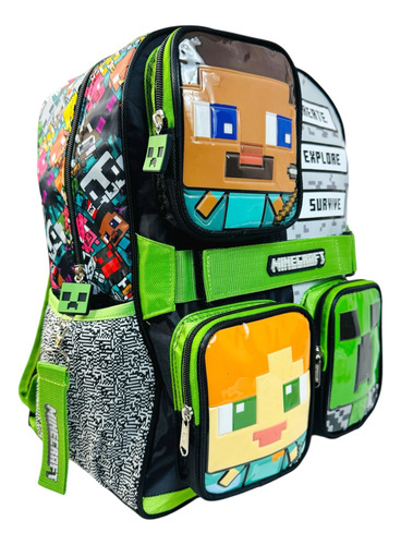 Kit Mochila, Lonchera Y Lapicera Minecraft Pelicula Original Verde