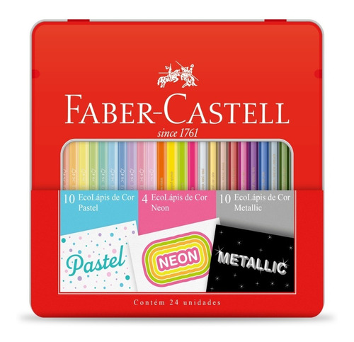 Juego de 24 lápices de colores Faber-Castell, 10 en colores pastel, 10 metálicos y 4 de neón