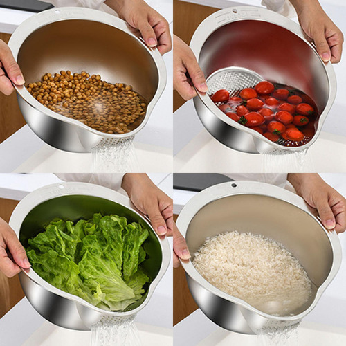 Tigela De Lavagem De Arroz Com Furos E Peneira De Prata