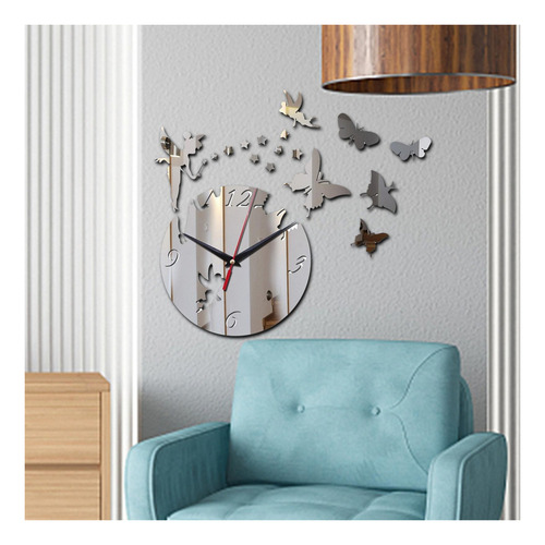 Reloj De Pared Con Espejo Mariposas Plateado Pegatinas Pared