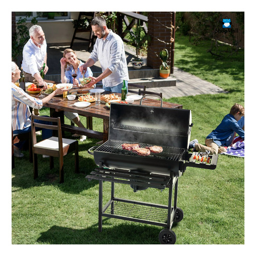 Asador Tipo Barril De Carbón Con Gran Área De Cocción Móvil Color Negro