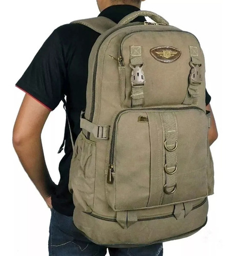 Mochila Masculina De Lona Grande Reforçada Camping Trilha Cor Verde