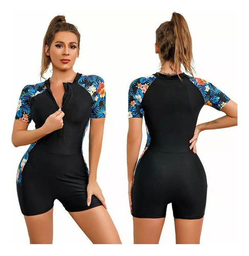 Traje De Baño Deportivo Manga Corta Entero Floral Natación