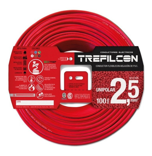 Cable Unipolar 2.5mm Normalizado Trefilcon Rojo X 100 Mts