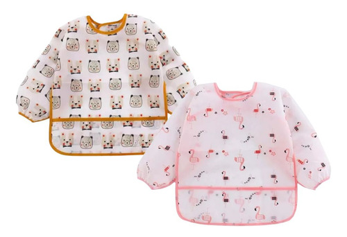 Kit 2 Babadores Bebê Manga Longa Impermeável Flamingo Urso Cor Branco Tamanho UN