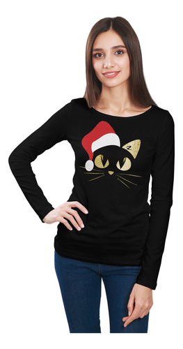 Playera Navidad Mujer Manga Larga Negro Diseño Oro Reno