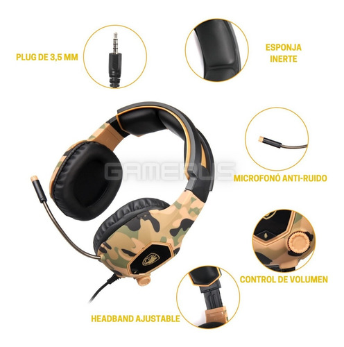 Imagen 3 de 5 de Auriculares Gamer Sades Sa818 Camuflados Micrófono Full