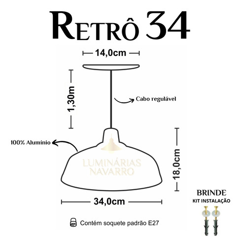 Kit 12 Luminária Pendente Retrô 34cm Int Branco Em Alumínio