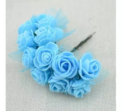 144 Mini Rosas Flores Rosinha Artificial Eva Azul Bebe Claro