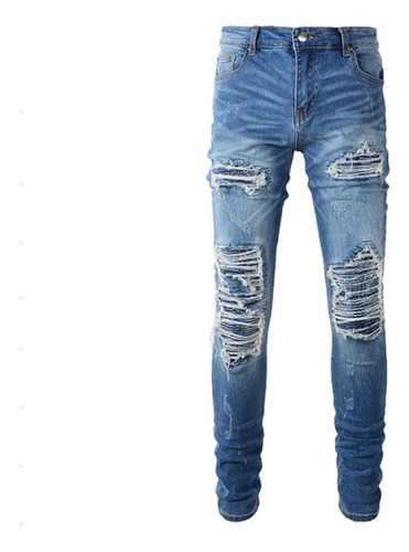 Jeans/pantalones Con Parches Y Agujeros Deshilachados Azul