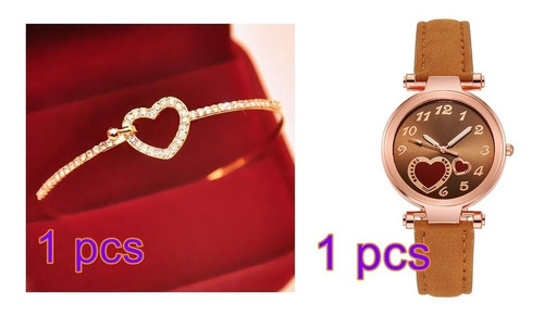 Reloj Dama Corazones Rojos Pulso Cuero + Pulsera De Corazon