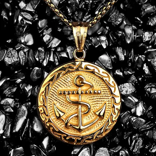 Collar Ancla Militar Marin Color Oro Acero Inoxidable Hombre