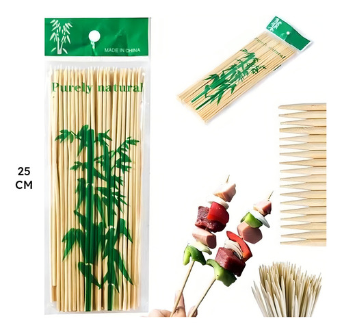 200 Palillos De Bambú Natural De 25cm Para Brochetas De Punta Afilada
