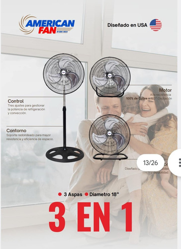 Ventilador 18 Pulgadas Negro Pedestal, Piso, Pared 3 En 1 As
