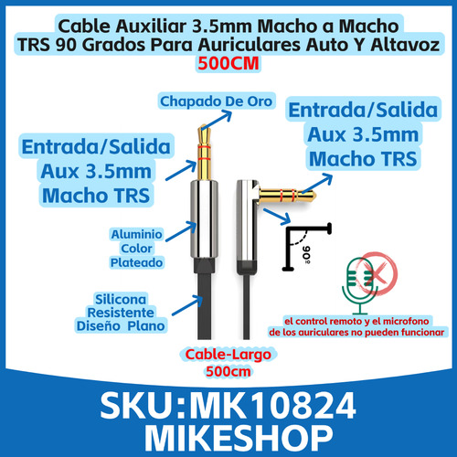 Cable De Audio Plano Plug 3.5mm Conector 90° En L 500cm Mike