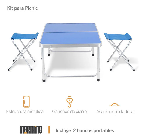 Mesa Plegable Portafolio 90cm Con 2 Sillas Portátiles Jardin Azul
