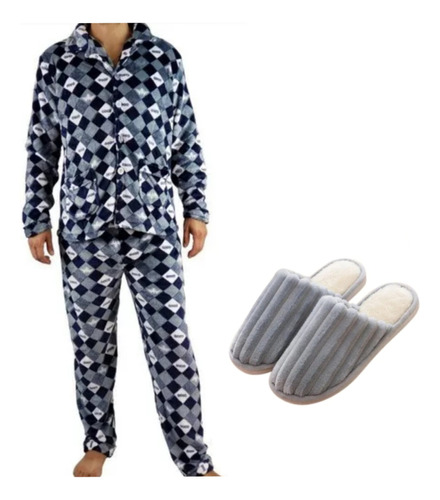Pijamas Manga Larga Polar + Pantuflas Regalo Día Del Padre