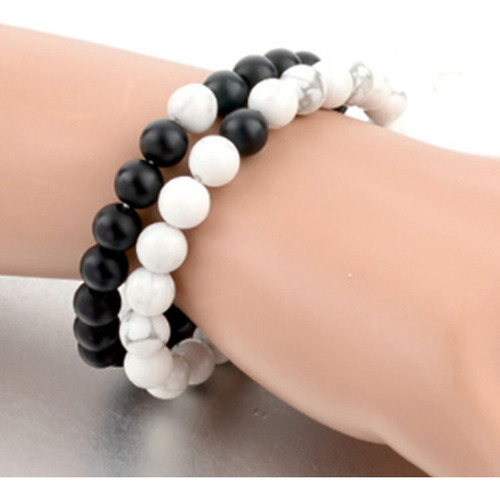 Pulsera De Pareja De 8 Mm Con Turquesa Blanca Esmerilada Neg
