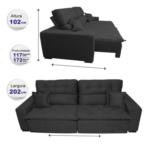 Sofá 2,02m Retrátil E Reclinável Cama Inbox Confort Preto