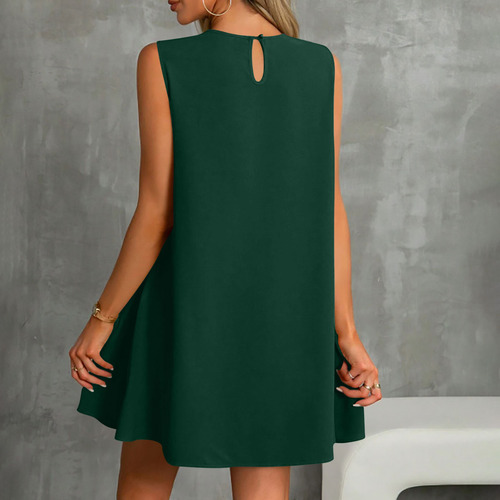 Vestido De Verano De Color Liso Con Cuello Redondo Y Cuello
