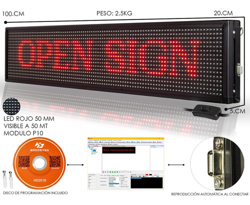 Imagen 2 de 3 de Letrero Led Color Rojo Facil Programacion 1mx20cm - Steelpro