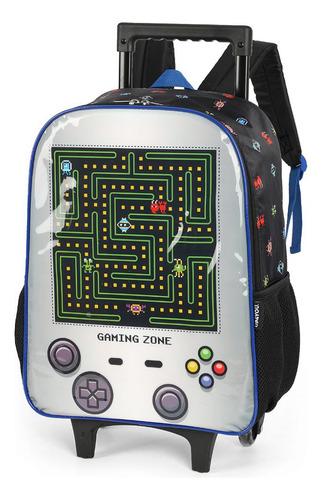 Mochila Rodinhas Lancheira Luxcel Up4you Game Preto Preto Estampado