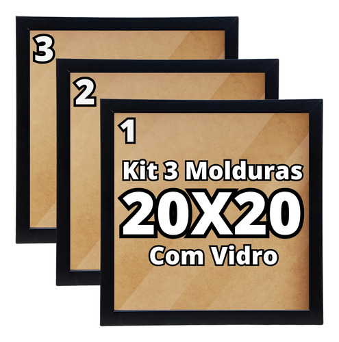 Porta Retrato Kit Com 3 Molduras Tamanho 20x20 C/ Vidro