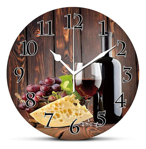 Reloj De Pared Silencioso, Botella De Vino Tinto Y Queso De.