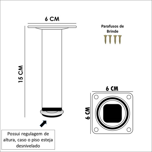 Kit 6 Pé Quadrado Para Móveis Cama Sofá Com Regulagem 15cm Cor Preto