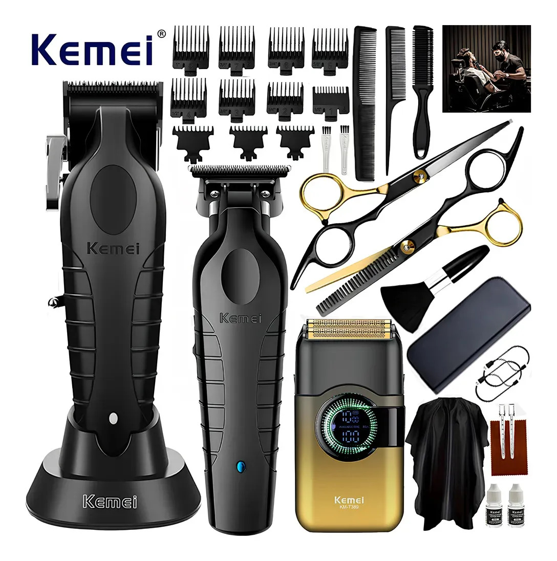 Kit De Cortadora De Pelo Kemei 2296 T-389 Dorado Cortadora De Cabello Eléctrica Profesional, Inalámbrica, Recargable