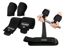 Comprar Straps Con Muñequeras Gym + Rodilleras Crossfit  Kit 2 Pares Negro