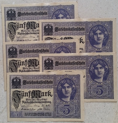 Billetes Mundiales Alemania 5 Marcos 1917 Imperio Aleman Lot