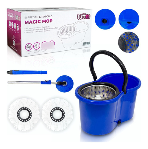 Esfregão Mop Giratório 13l Cesto Inox Tutto + Refil Brinde Cor Azul