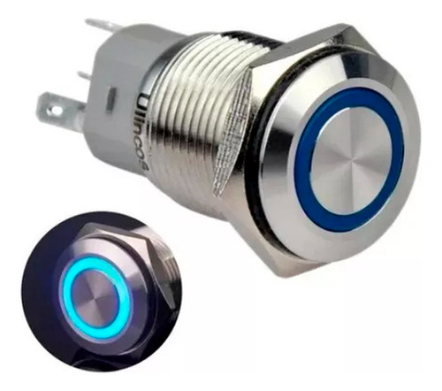 Botón Pulsador De Metal Sin Retención 22mm Led Azul A 12v. 