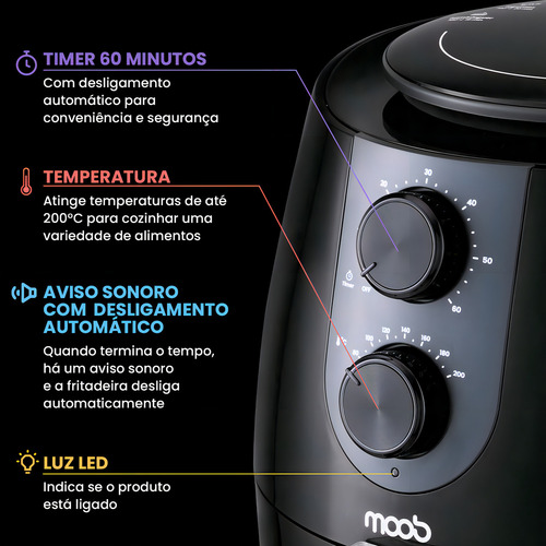 Fritadeira Air Fryer Elétrica Moob Capacidade Para 4 Litros Até 200ºc De Temperatura Timer 60 Minutos Com Desligamento Automático E Aviso Sonoro 1400w De Potência Revestimento Antiaderente 127v