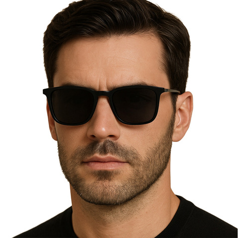 Óculos De Sol Quadrado Premium Acetato Metal Proteção Uv400 Cor Preto Armação Preto Haste Preto Lente Preto Desenho Preto Fosco