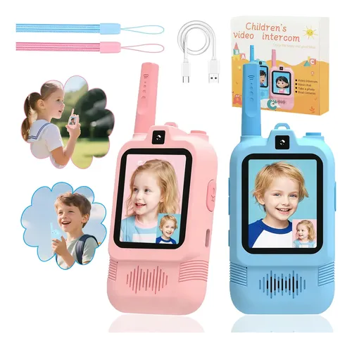 Pack De 2 Video Walkie Talkies Para Niños Con Cámara Y Pantalla – Alcance 100-500 M, Efectos De Voz, Recargables, Para +3 Años (Rosa Y Azul)