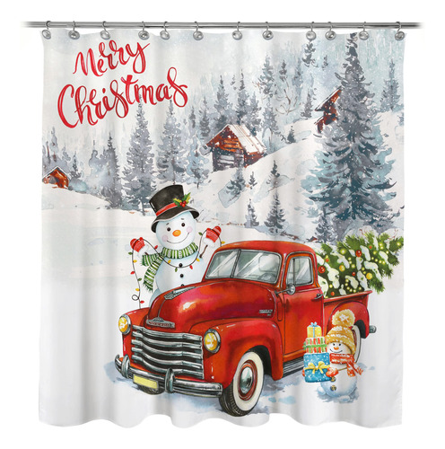 Cortina Ducha Feliz Navidad Camion Rojo Arbol Muñeco Nieve X