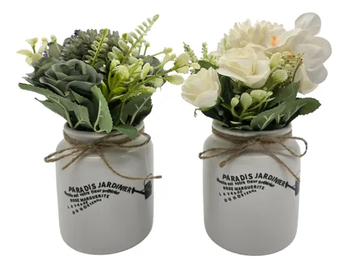 Planta Artificial Macetero Ceramica Blanco Con Hortensias