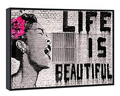 Cuadro Banksy  Life Is Beautiful  En Lienzo -marco Negro.