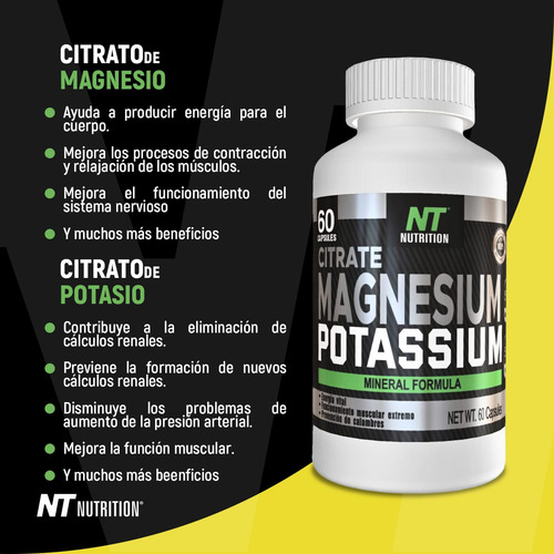 4 Frascos Citrato Magnesio Y Potasio 60caps C/u Nt Nutrition Sabor Sin sabor