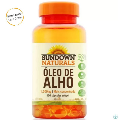Suplemento en cápsulas de aceite de ajo encapsulado de Sundown Naturals de 1500 mg con 100 vitaminas en un bote