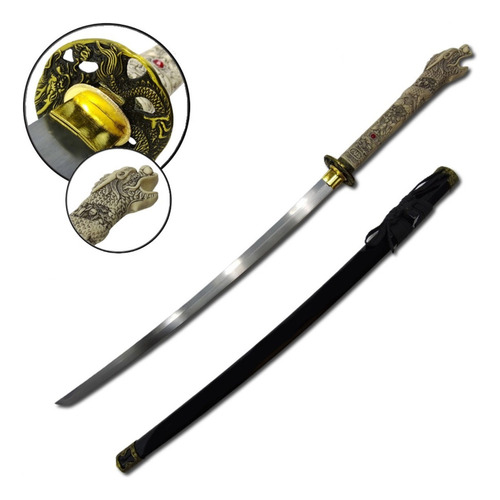 Katana Espada Samurai Ninja Dragon Ornamento Em Aço+suporte