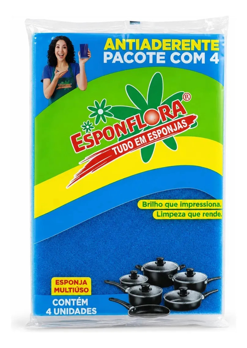 4 Un. Esponja Antiaderente Não Risca Esponflora Lava Louça Azul