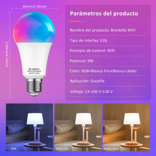 4 Focos Led Lapurete's Inteligentes Wifi Rgbcw Alexa Google 9w 800lm Música Voz Multicolor 2.4ghz E26 Smart Bulb Ajustable 2700-6500k Bluetooth Control De Android Ios Surplife/briturn App