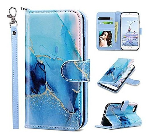 Funda Tipo Billetera Marmol Azul Compatible Con iPhone 8