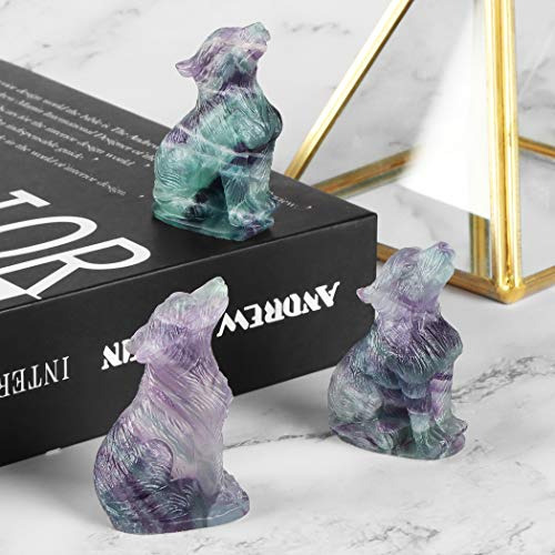Estatua Lobo Cristal Fluorita Arcoíris 2 Tallada Mano, Curat